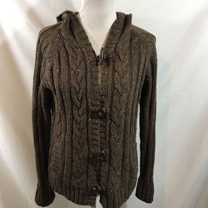 Relativity brown fleck button up hooded sweater - womens large, bust 20".